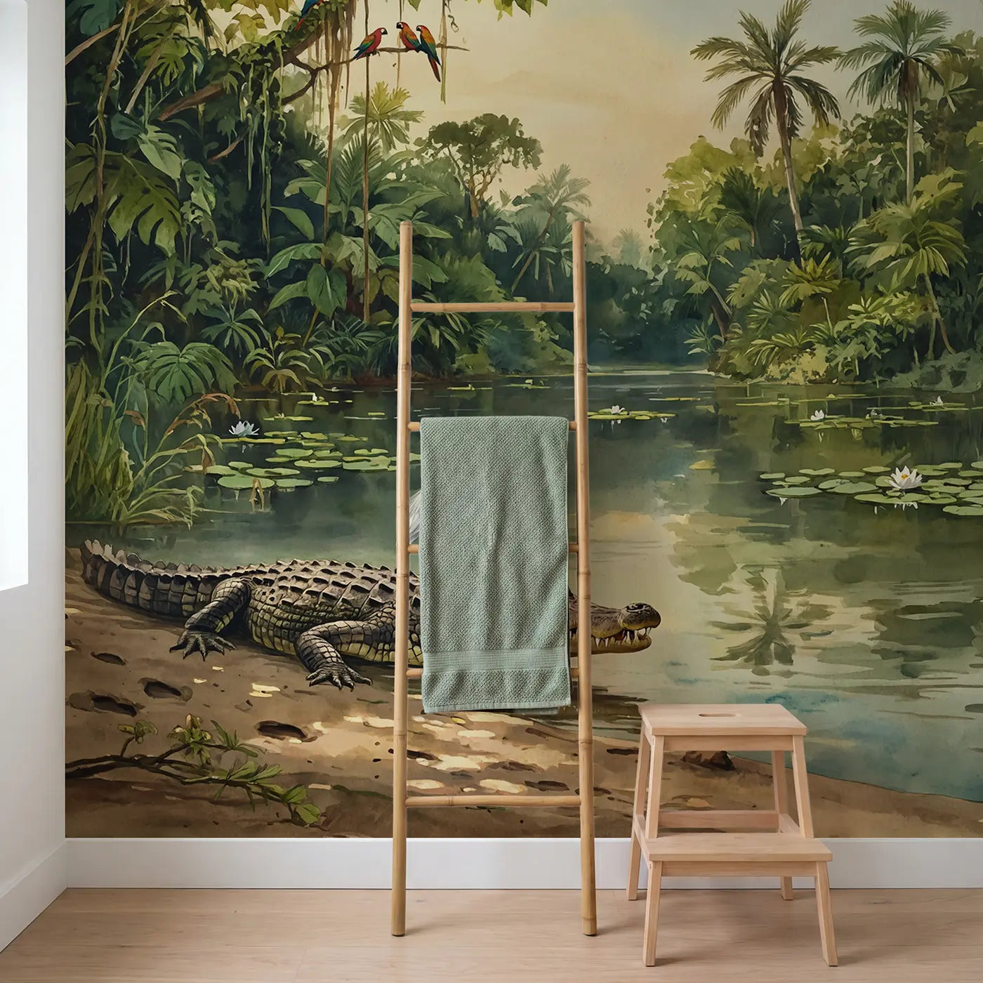 River Crocodile and Bird Wallpaper Mural in playroom setting by Whimsy Tots