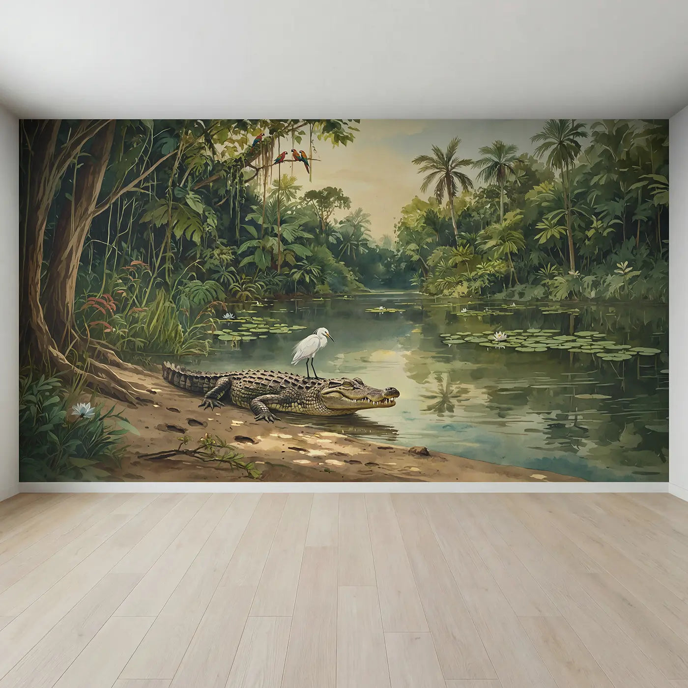 Full view of River Crocodile and Bird Wallpaper Mural by Whimsy Tots