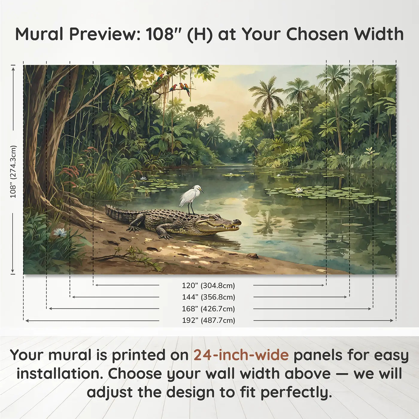 Panel layout and dimensions for River Crocodile and Bird Wallpaper Mural by Whimsy Tots