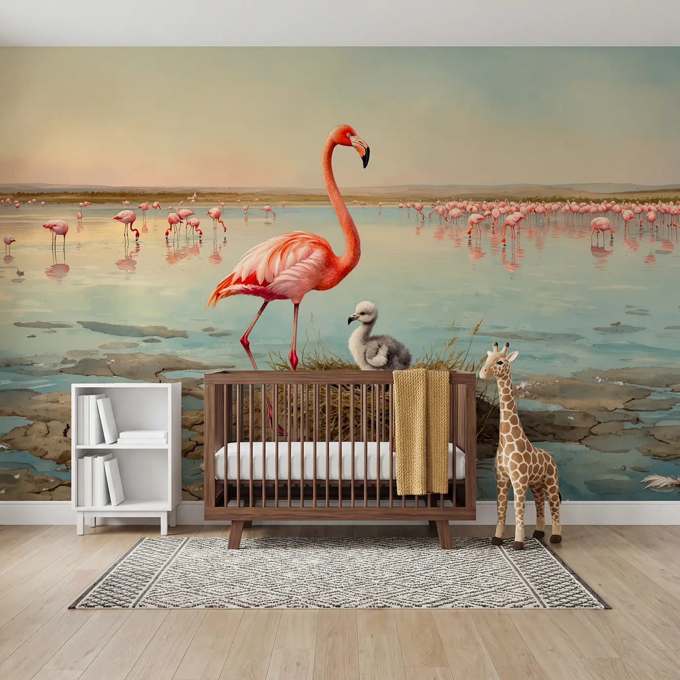 Watercolor flamingo parent and chick wallpaper mural for kids room by Whimsy Tots