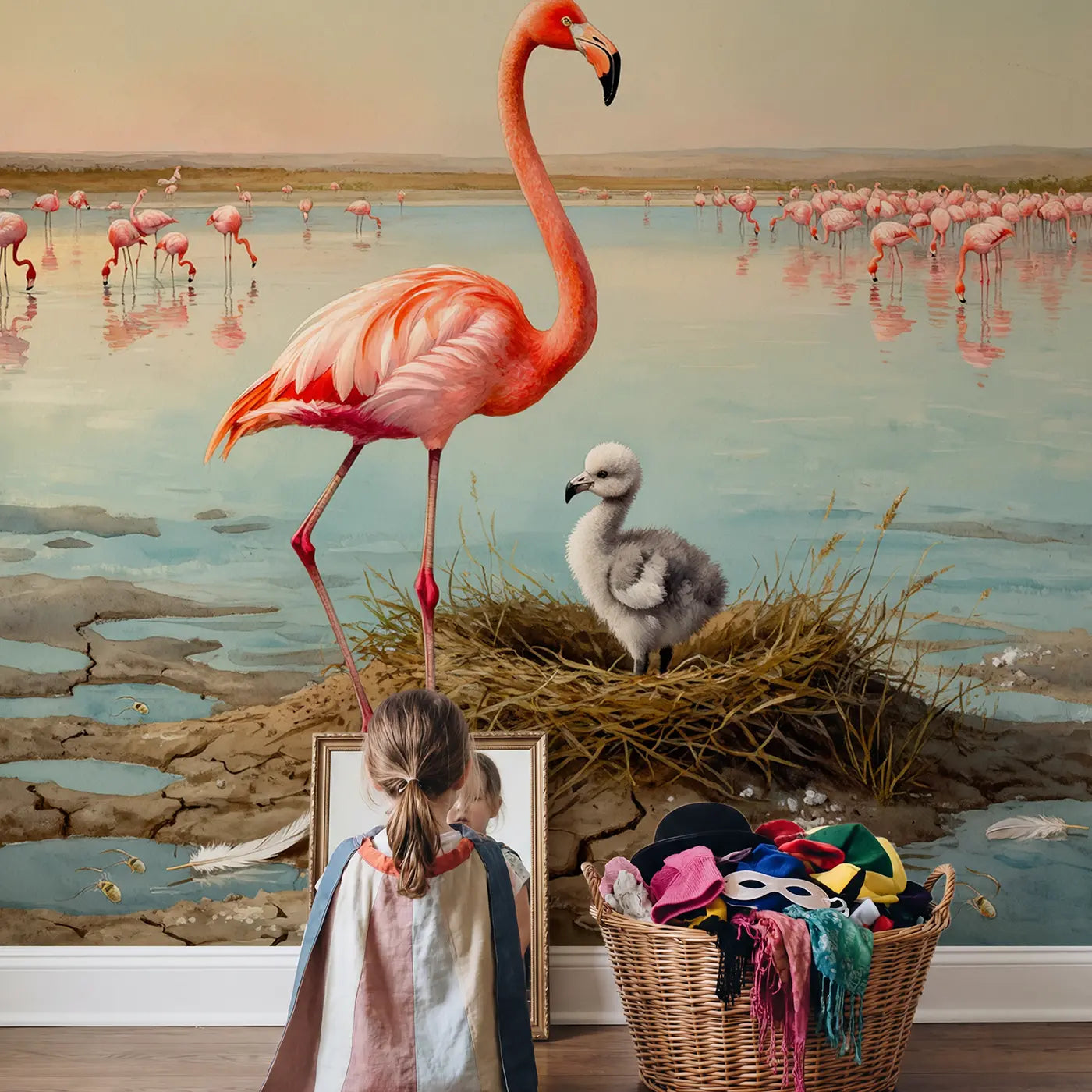 Child in nursery with Flamingo Chick and Parent Wallpaper Mural by Whimsy Tots