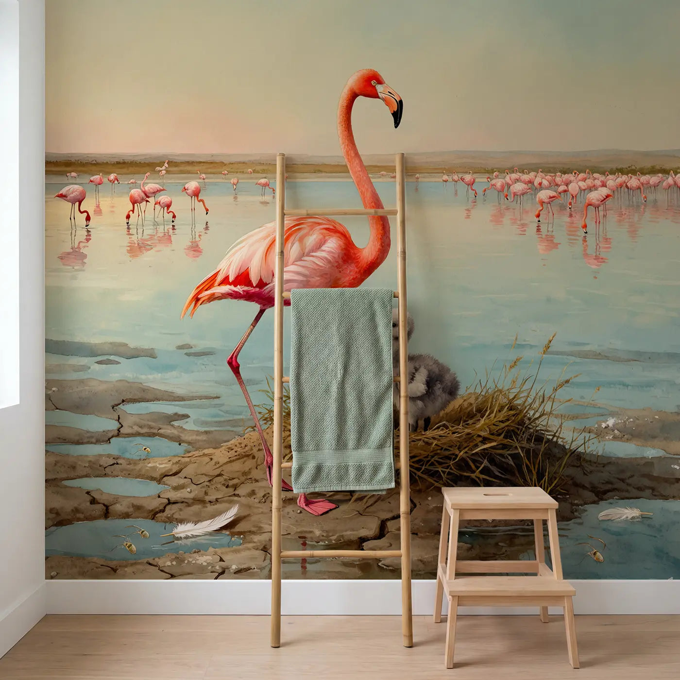 Flamingo Chick and Parent Wallpaper Mural in playroom setting by Whimsy Tots