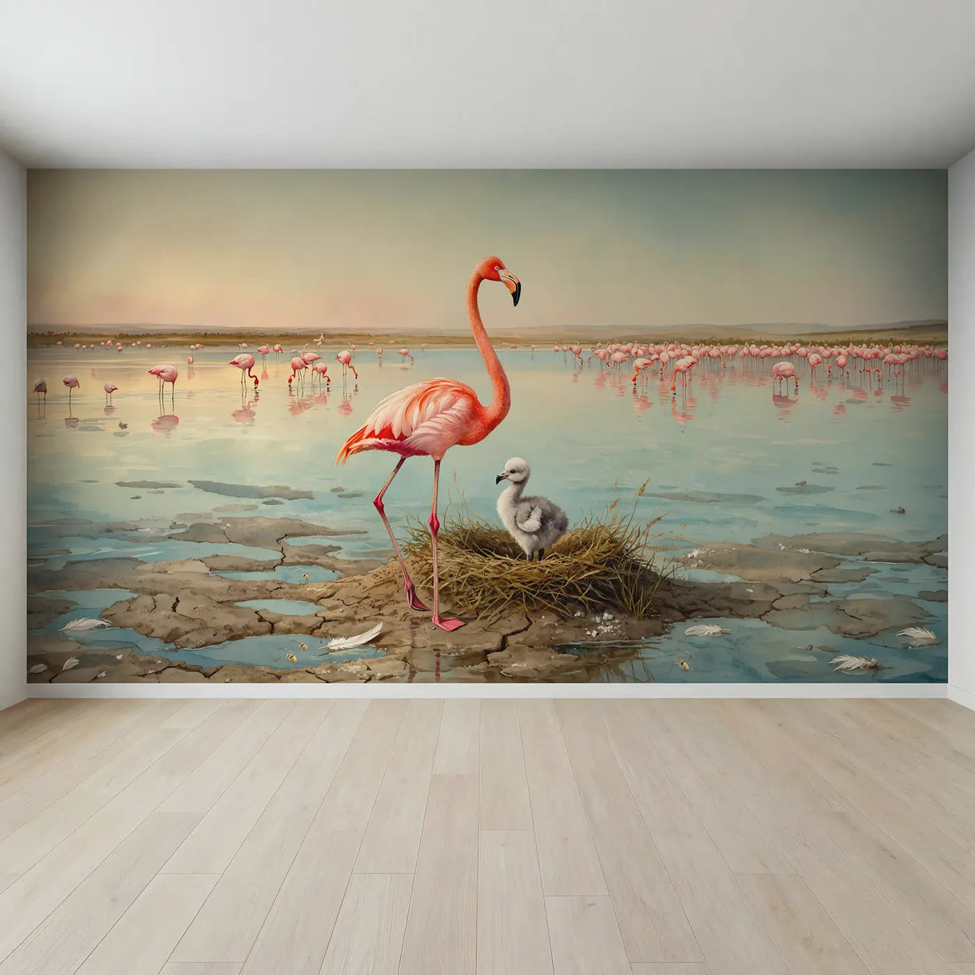 Full view of Flamingo Chick and Parent Wallpaper Mural by Whimsy Tots