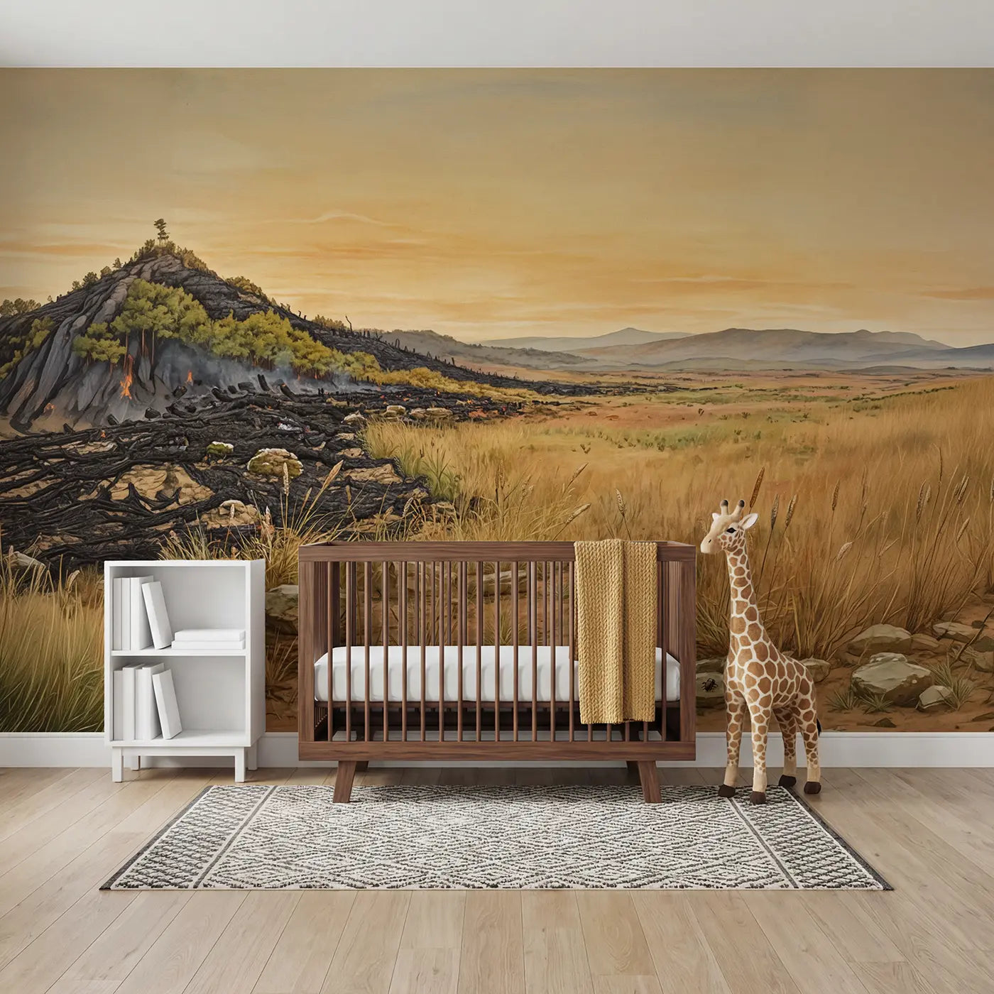 Storybook grassland regrowth savanna wallpaper mural for nursery by Whimsy Tots