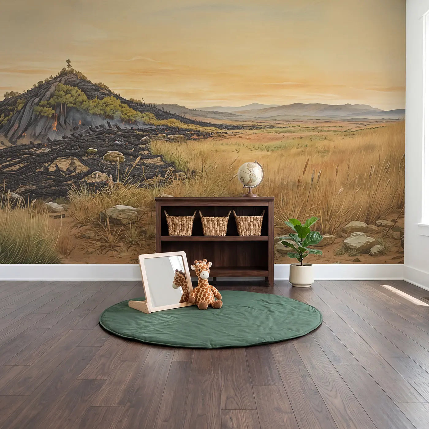 Grassland Fire Line Regrowth Wallpaper Mural in playroom setting by Whimsy Tots