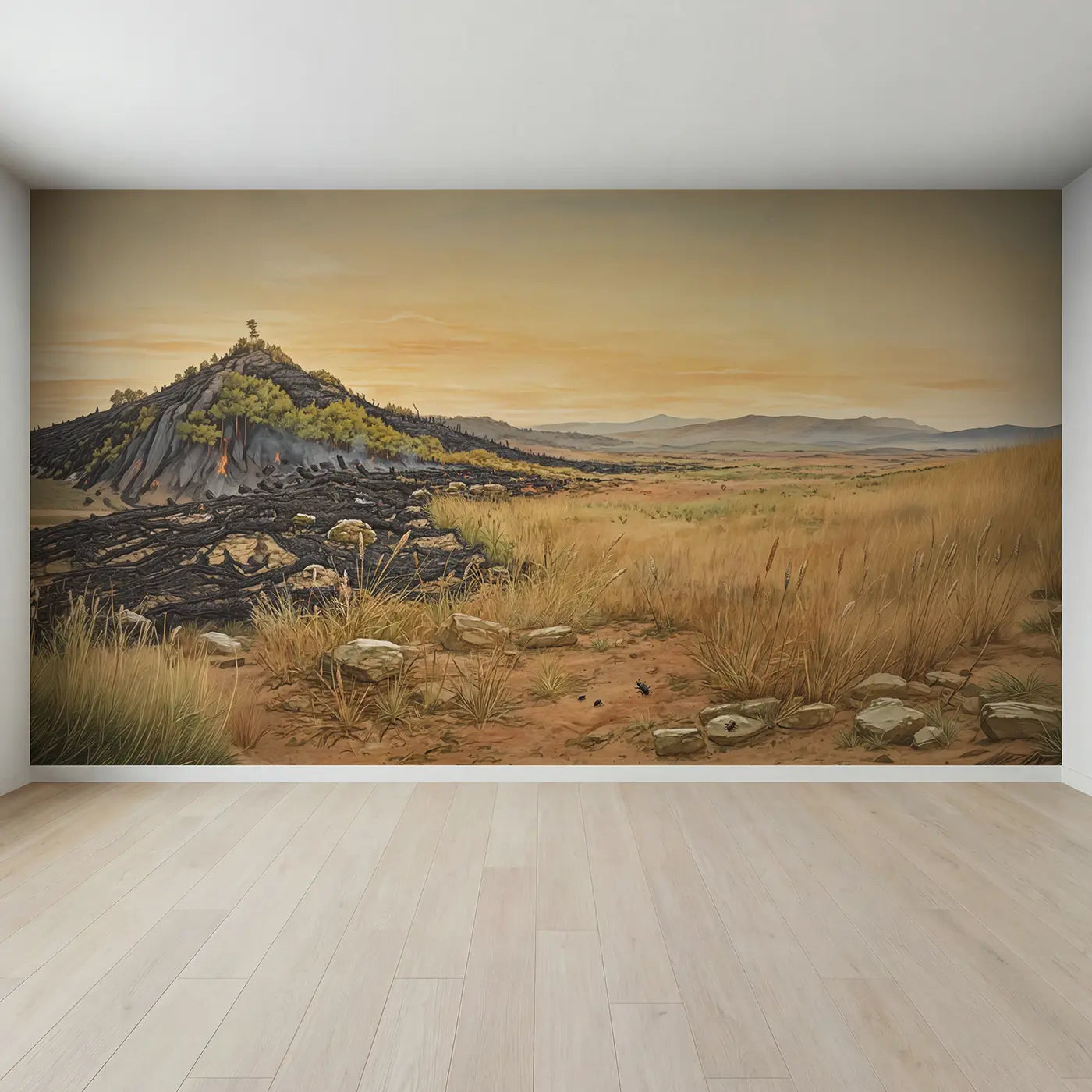 Full view of Grassland Fire Line Regrowth Wallpaper Mural by Whimsy Tots