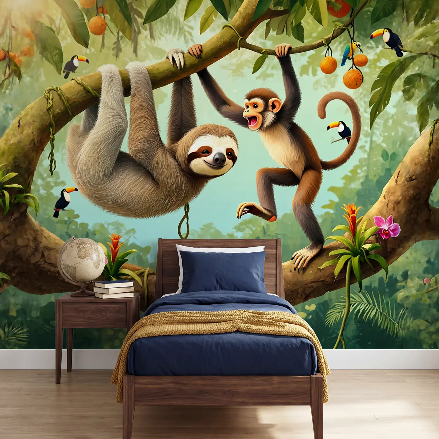 soft pastel sloth monkey branch jungle wallpaper mural for kids room by Whimsy Tots