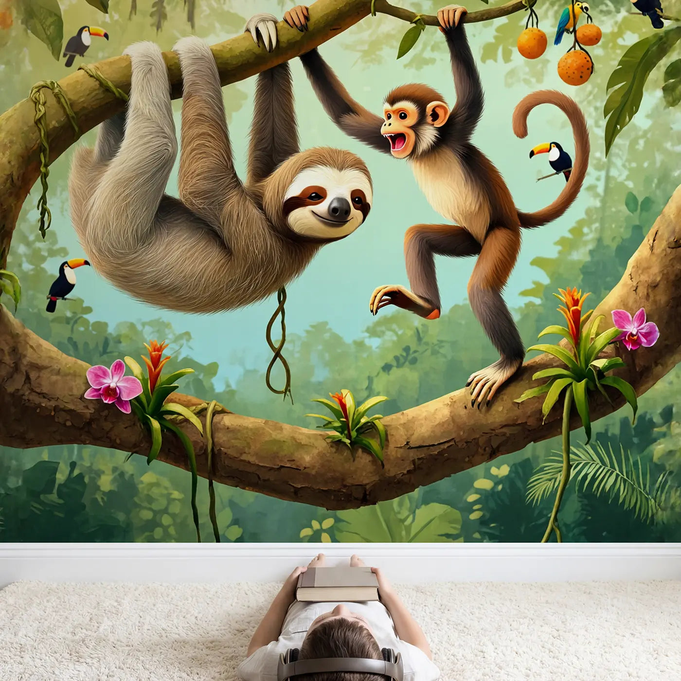 Child in nursery with Sloth and Monkey Branch Friends Wallpaper Mural by Whimsy Tots