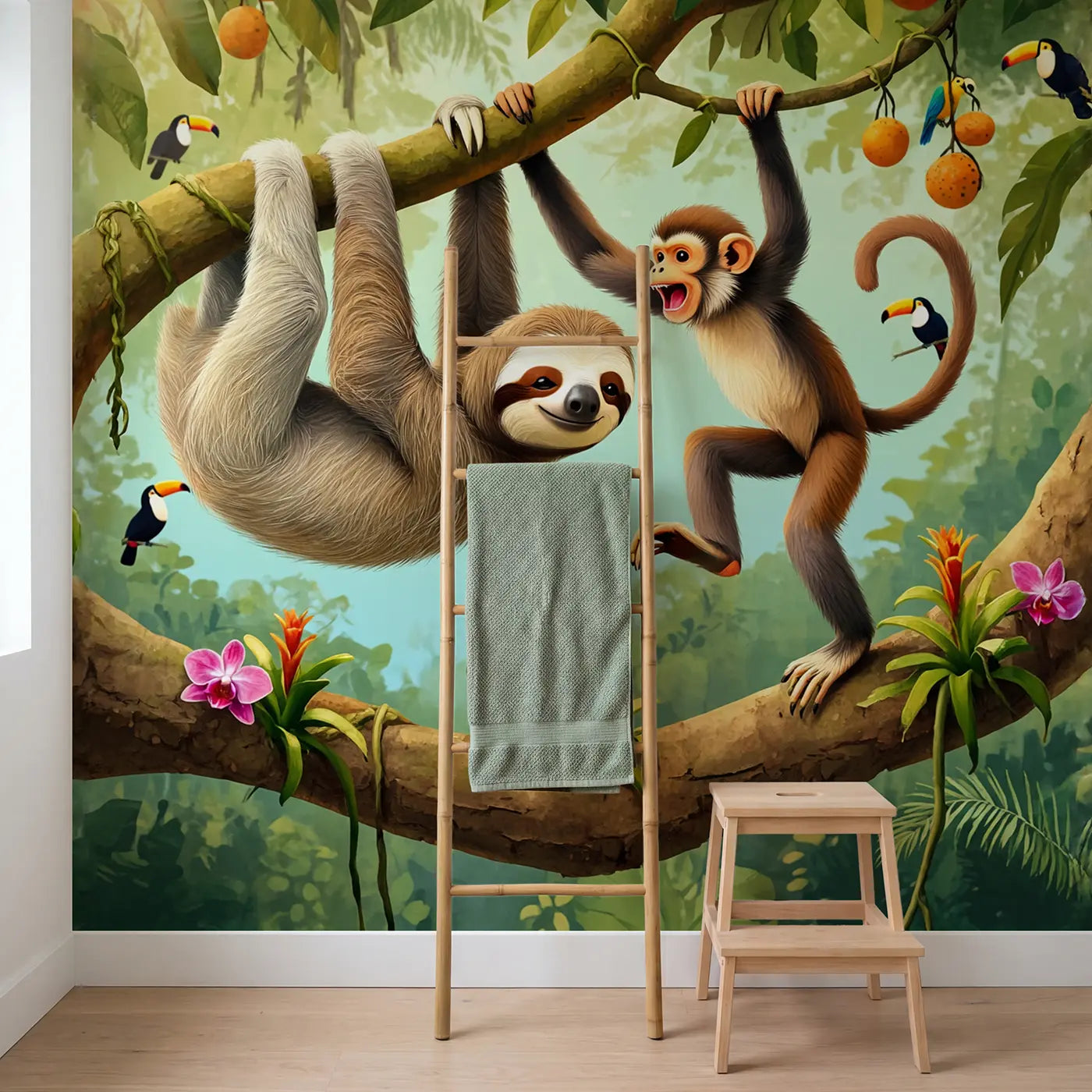 Sloth and Monkey Branch Friends Wallpaper Mural in playroom setting by Whimsy Tots