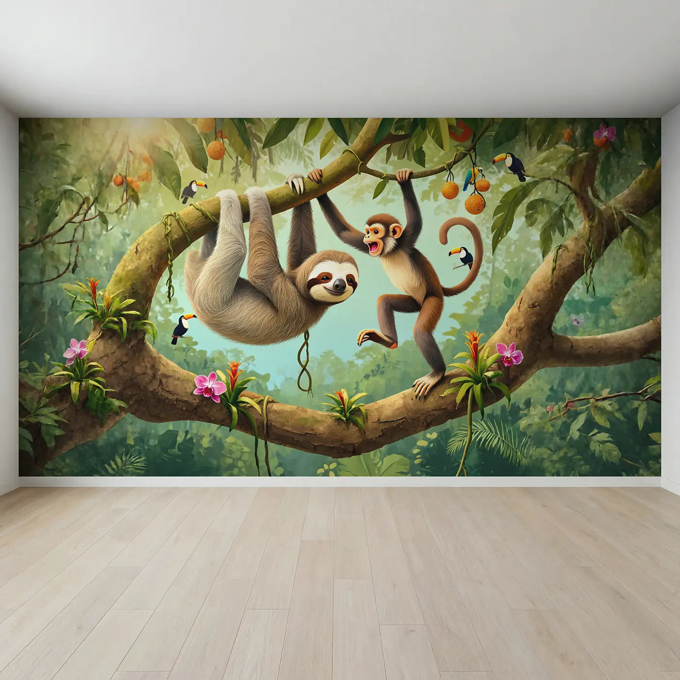 Full view of Sloth and Monkey Branch Friends Wallpaper Mural by Whimsy Tots