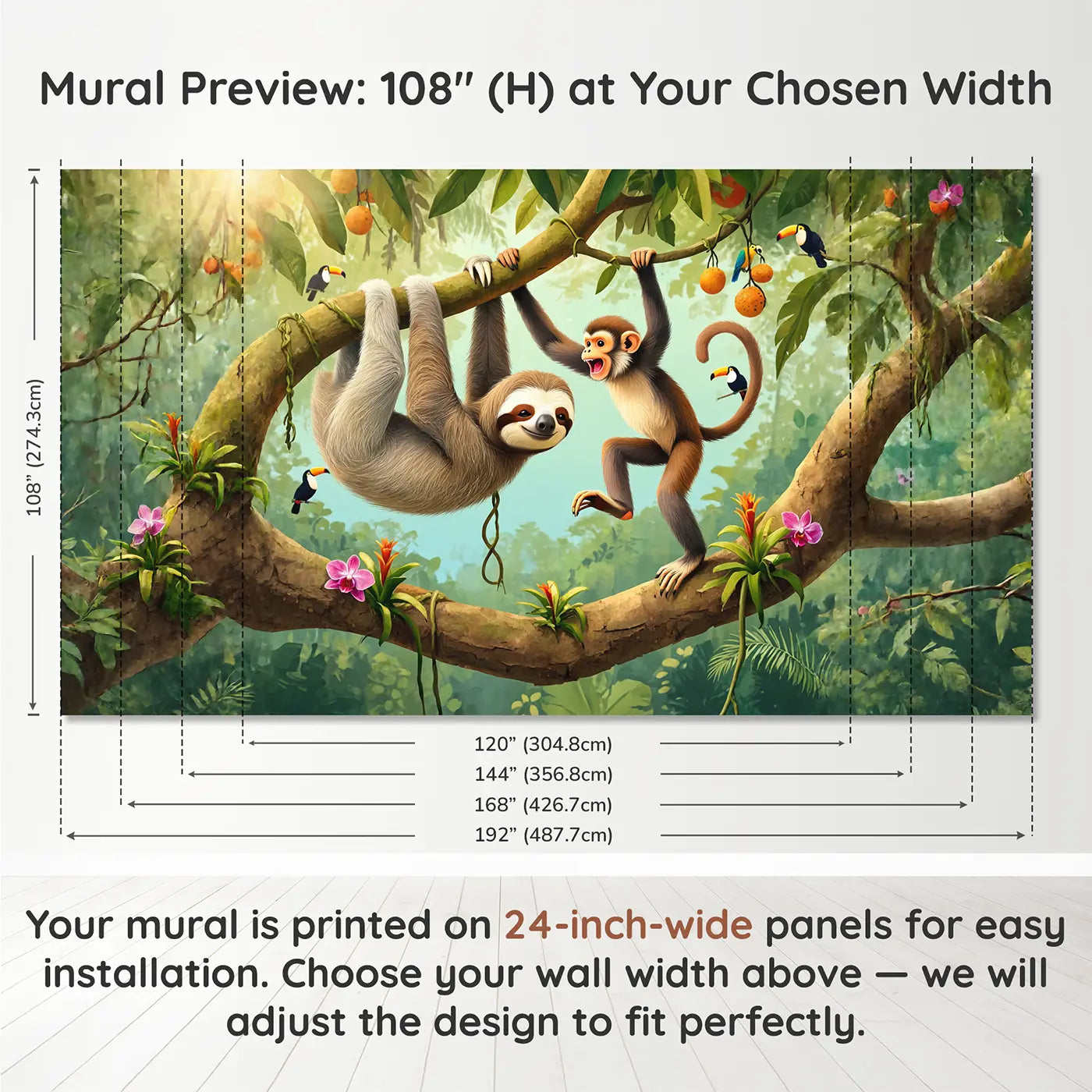 Panel layout and dimensions for Sloth and Monkey Branch Friends Wallpaper Mural by Whimsy Tots