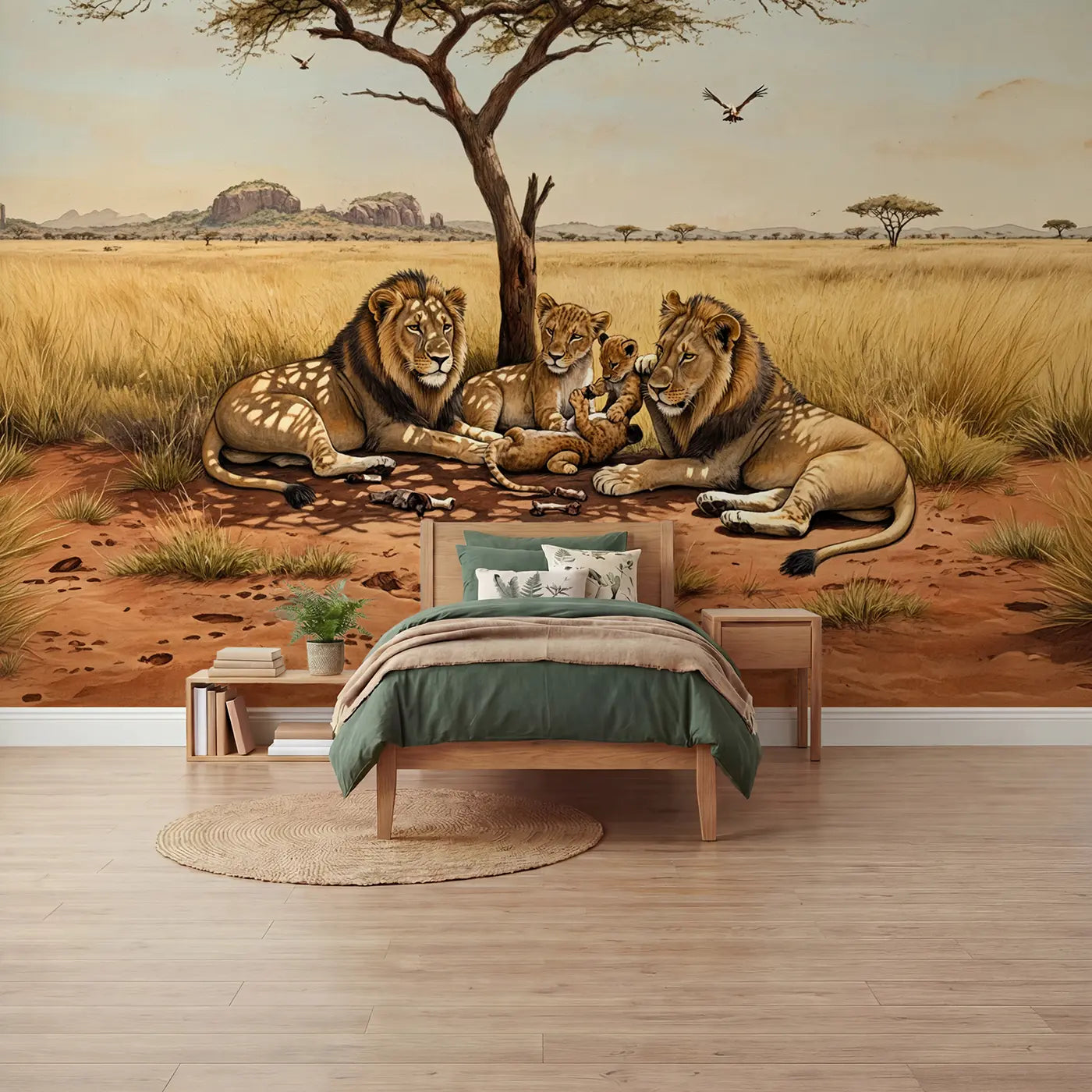 Storybook acacia shade lion pride savanna wallpaper mural for boys room by Whimsy Tots