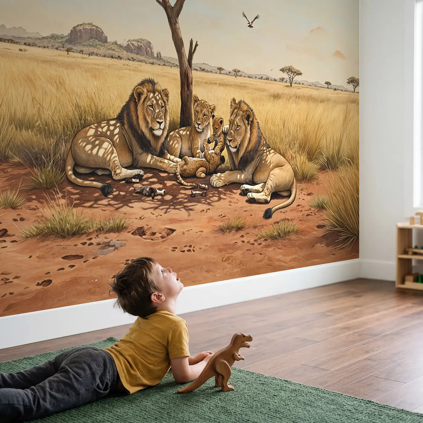 Child in nursery with Acacia Shade Lion Pride Wallpaper Mural by Whimsy Tots