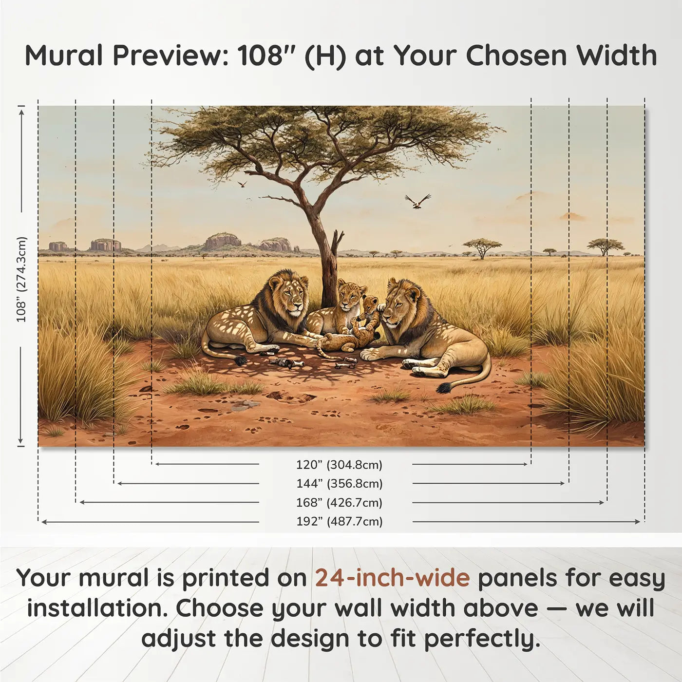 Panel layout and dimensions for Acacia Shade Lion Pride Wallpaper Mural by Whimsy Tots