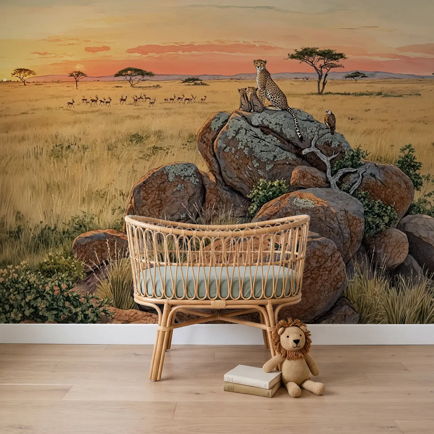 Storybook cheetah family sunset kopje wallpaper mural for boys room by Whimsy Tots