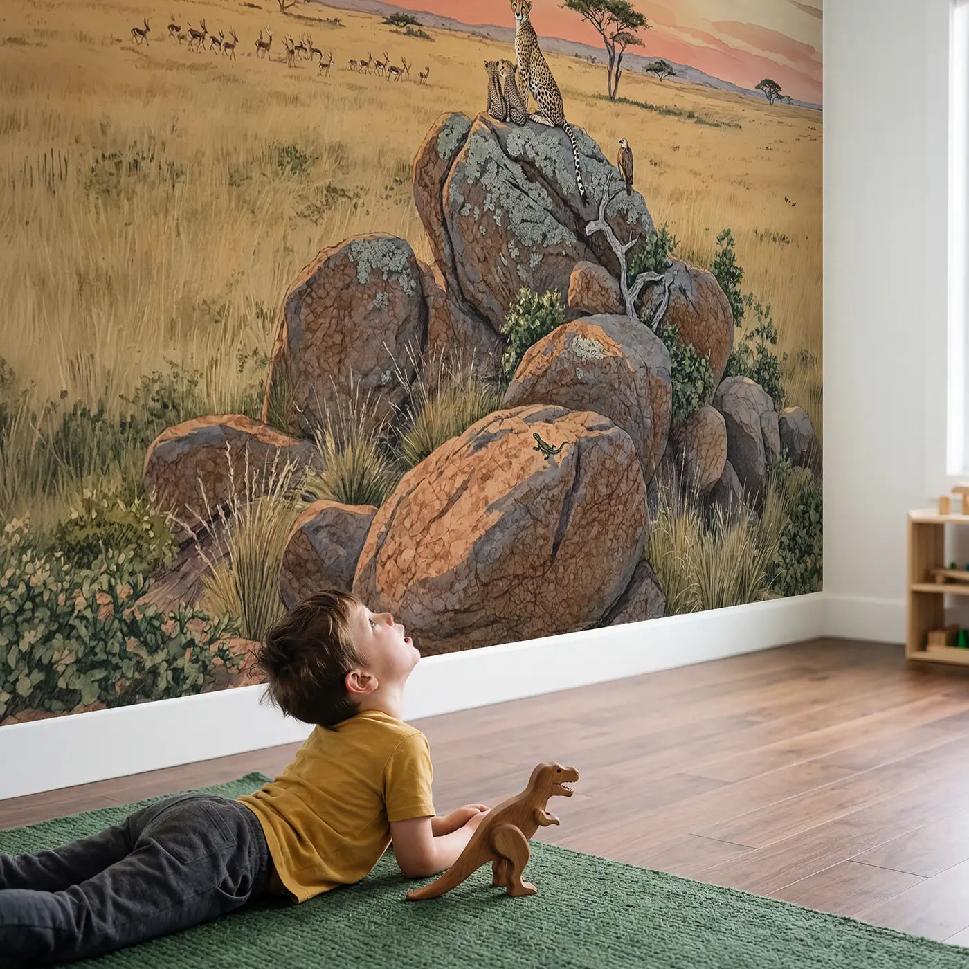 Child in nursery with Cheetah Family Sunset Kopje Wallpaper Mural by Whimsy Tots