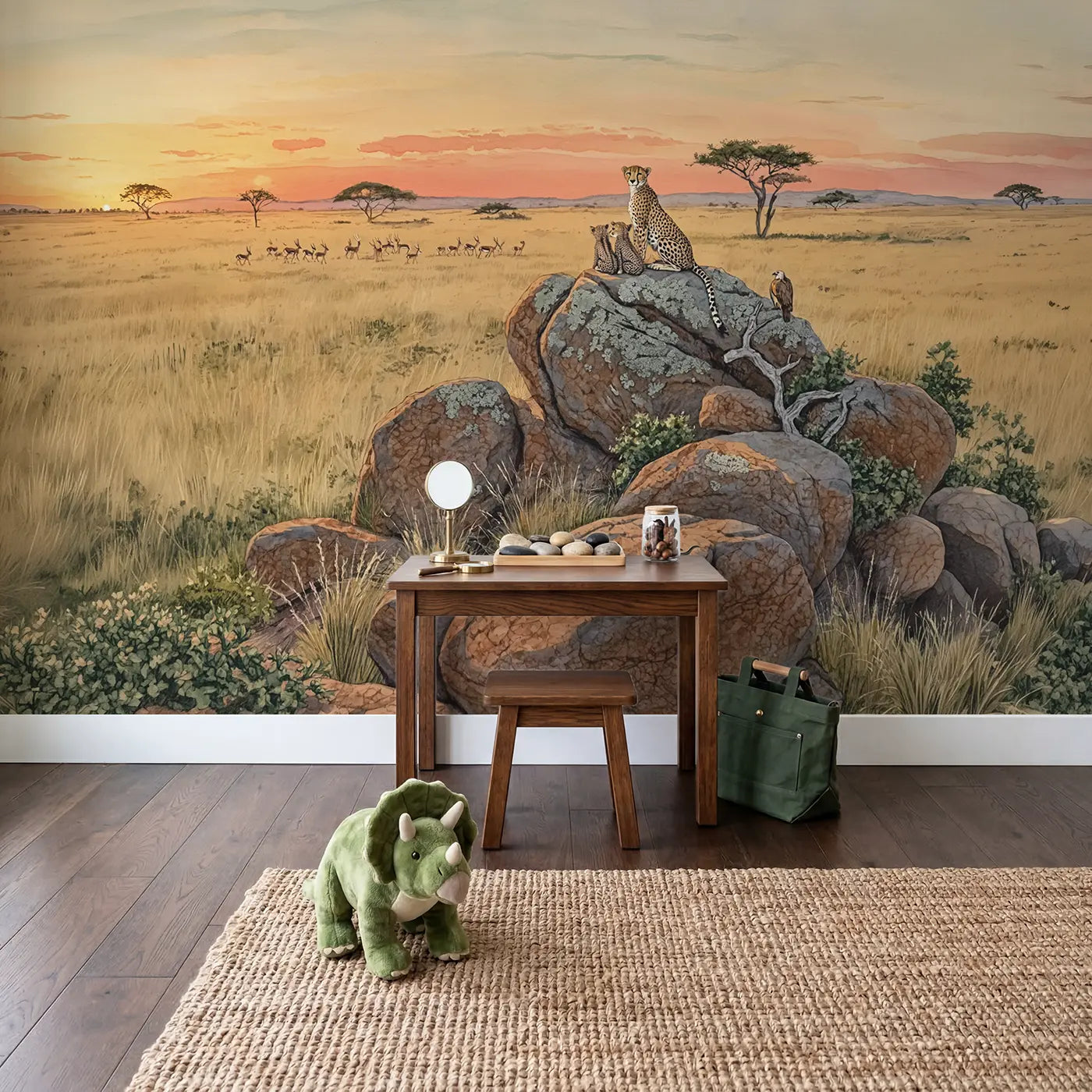 Cheetah Family Sunset Kopje Wallpaper Mural in playroom setting by Whimsy Tots