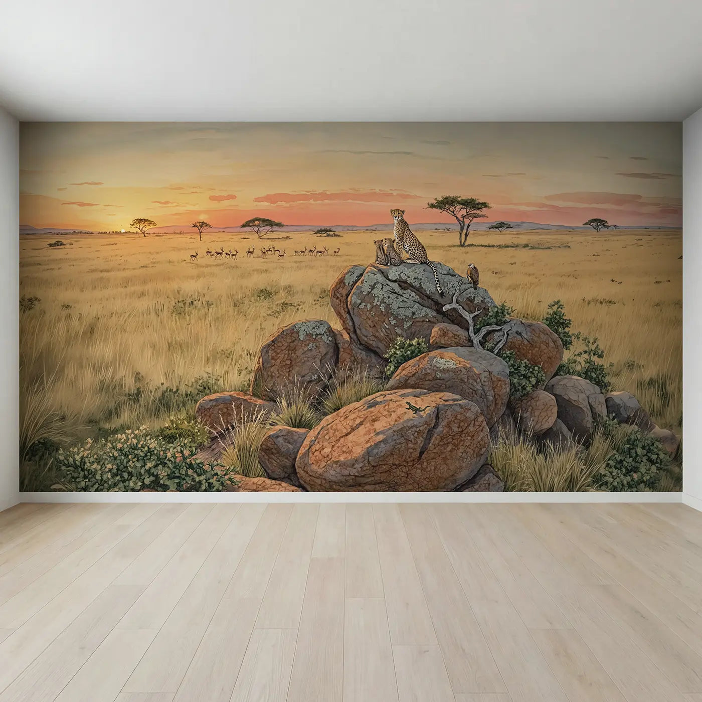 Full view of Cheetah Family Sunset Kopje Wallpaper Mural by Whimsy Tots
