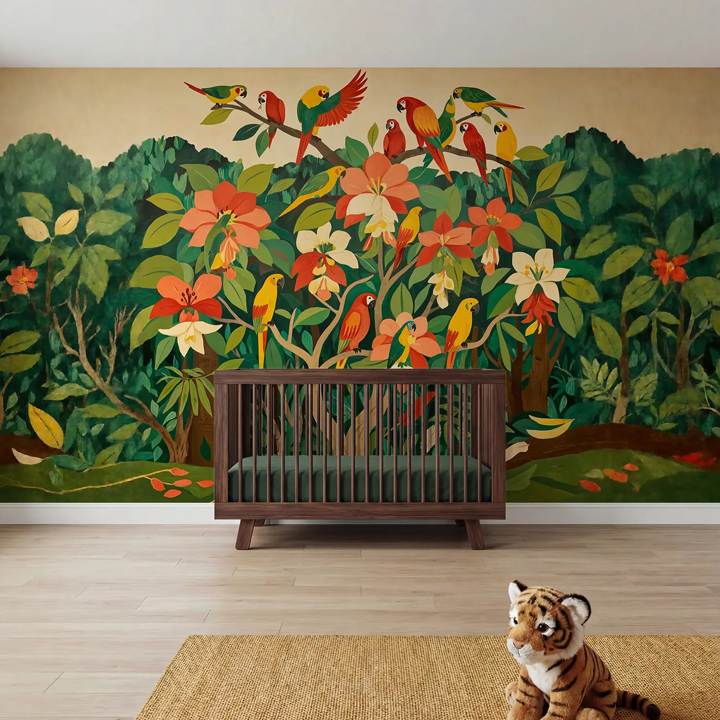 modern illustration tropical parrot blossom tree wallpaper mural for girls room by Whimsy Tots