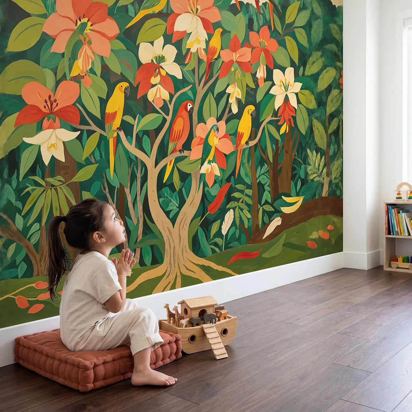 Child in nursery with Tropical Parrot Blossom Tree Wallpaper Mural by Whimsy Tots