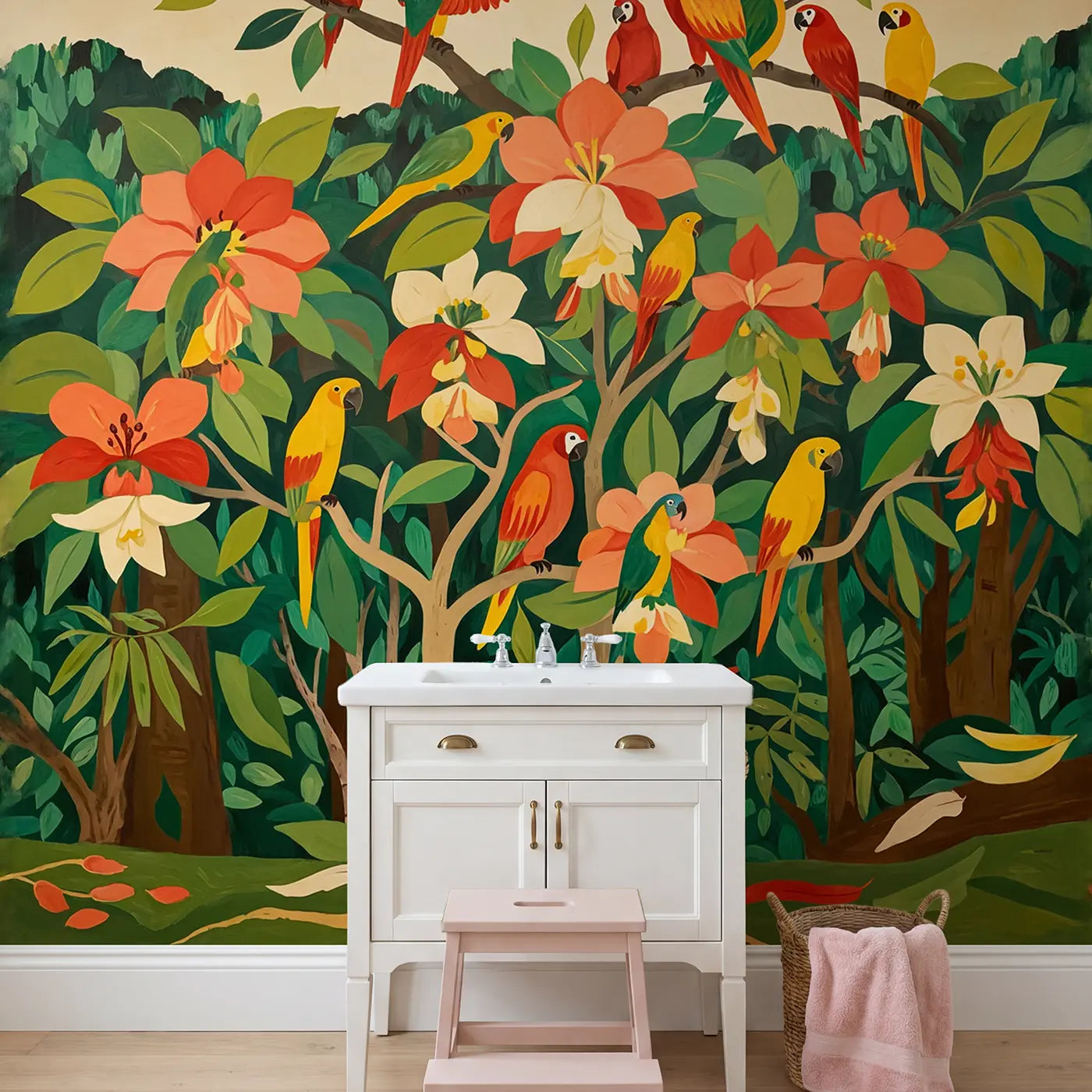 Tropical Parrot Blossom Tree Wallpaper Mural in playroom setting by Whimsy Tots