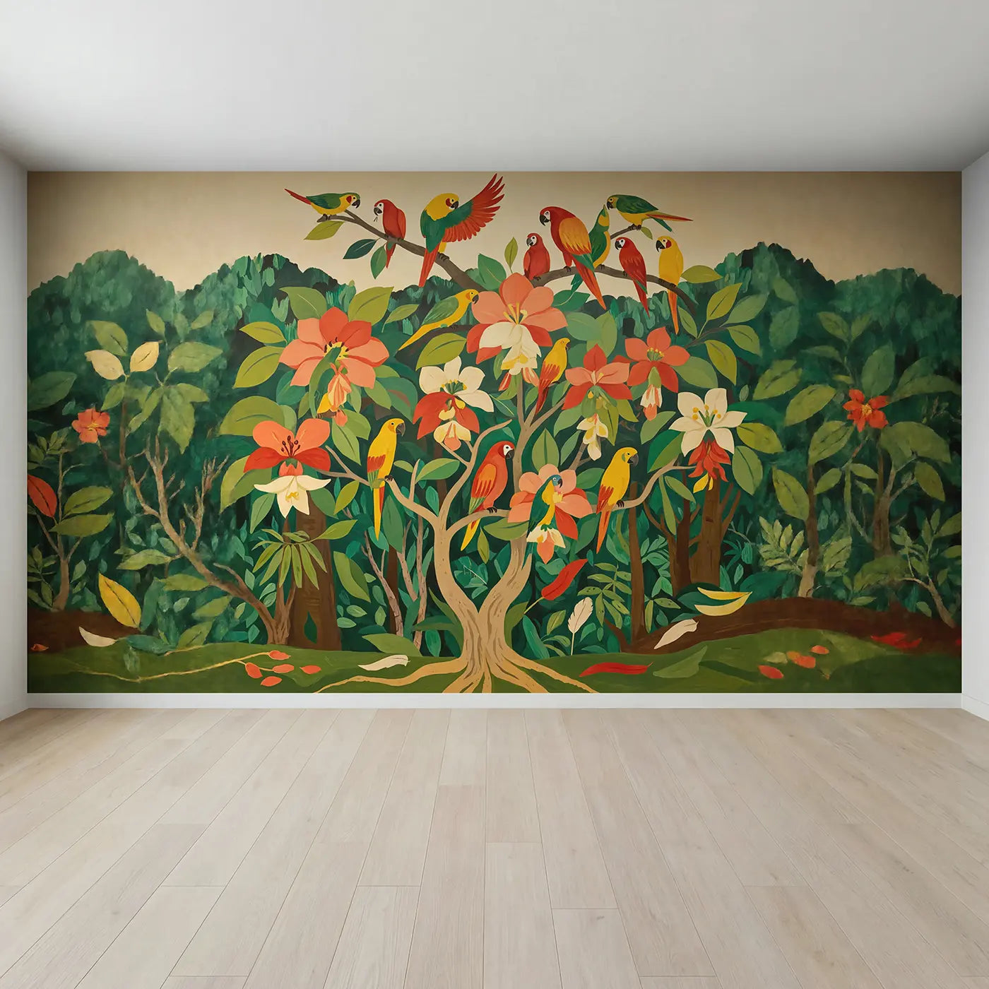 Full view of Tropical Parrot Blossom Tree Wallpaper Mural by Whimsy Tots