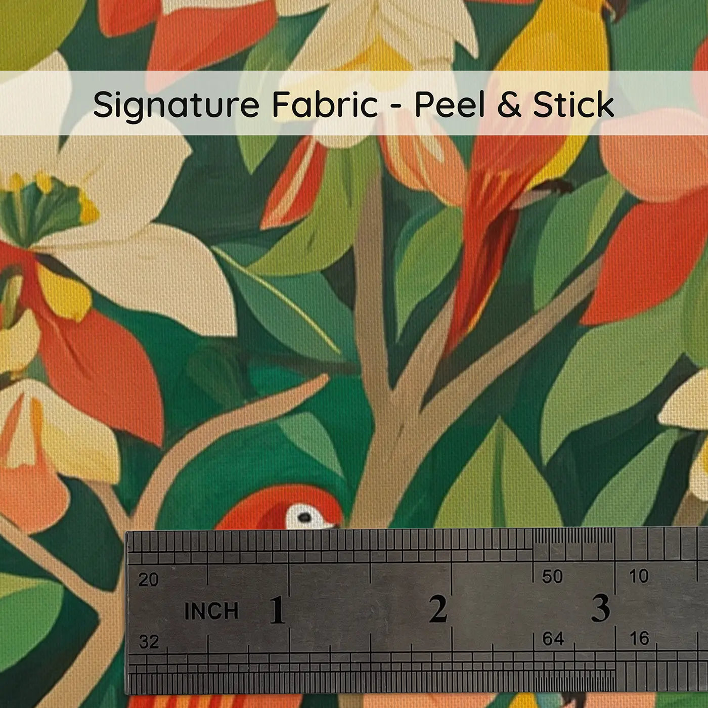 Fabric texture close-up of Tropical Parrot Blossom Tree Wallpaper Mural by Whimsy Tots