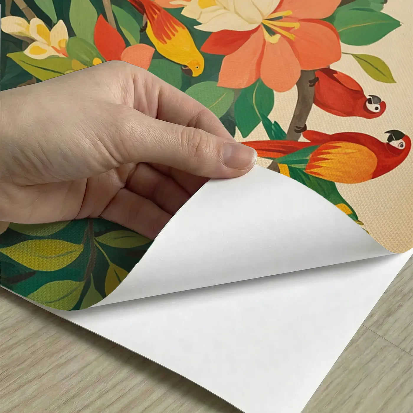 Peel-and-stick detail of Tropical Parrot Blossom Tree Wallpaper Mural by Whimsy Tots