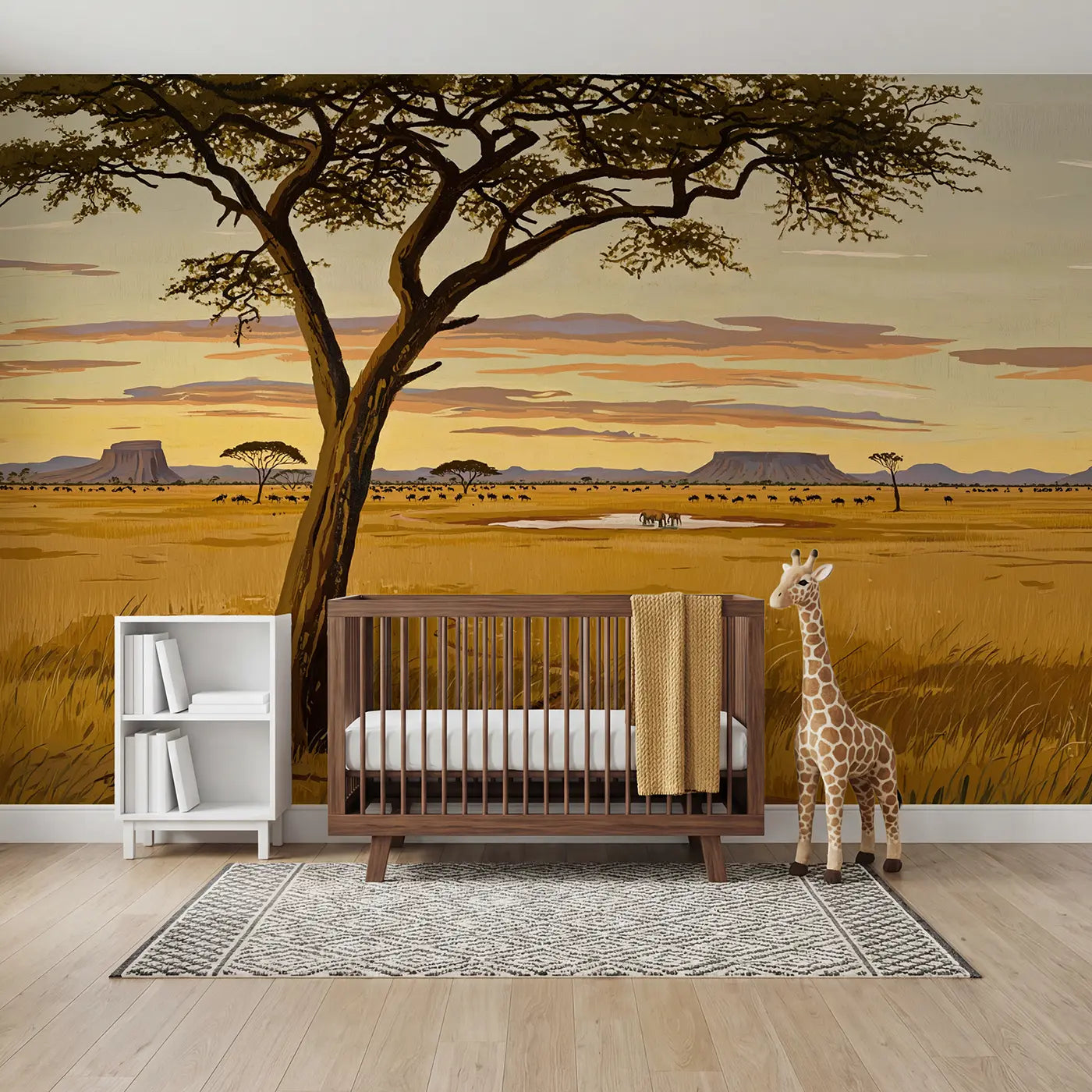 Modern Illustration acacia framed savanna wallpaper mural for kids room by Whimsy Tots
