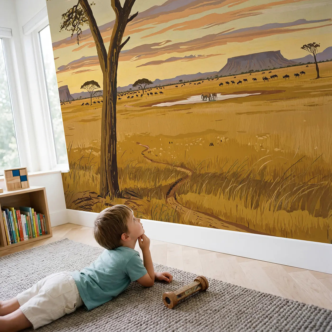 Child in nursery with Acacia Framed Savanna Wallpaper Mural by Whimsy Tots