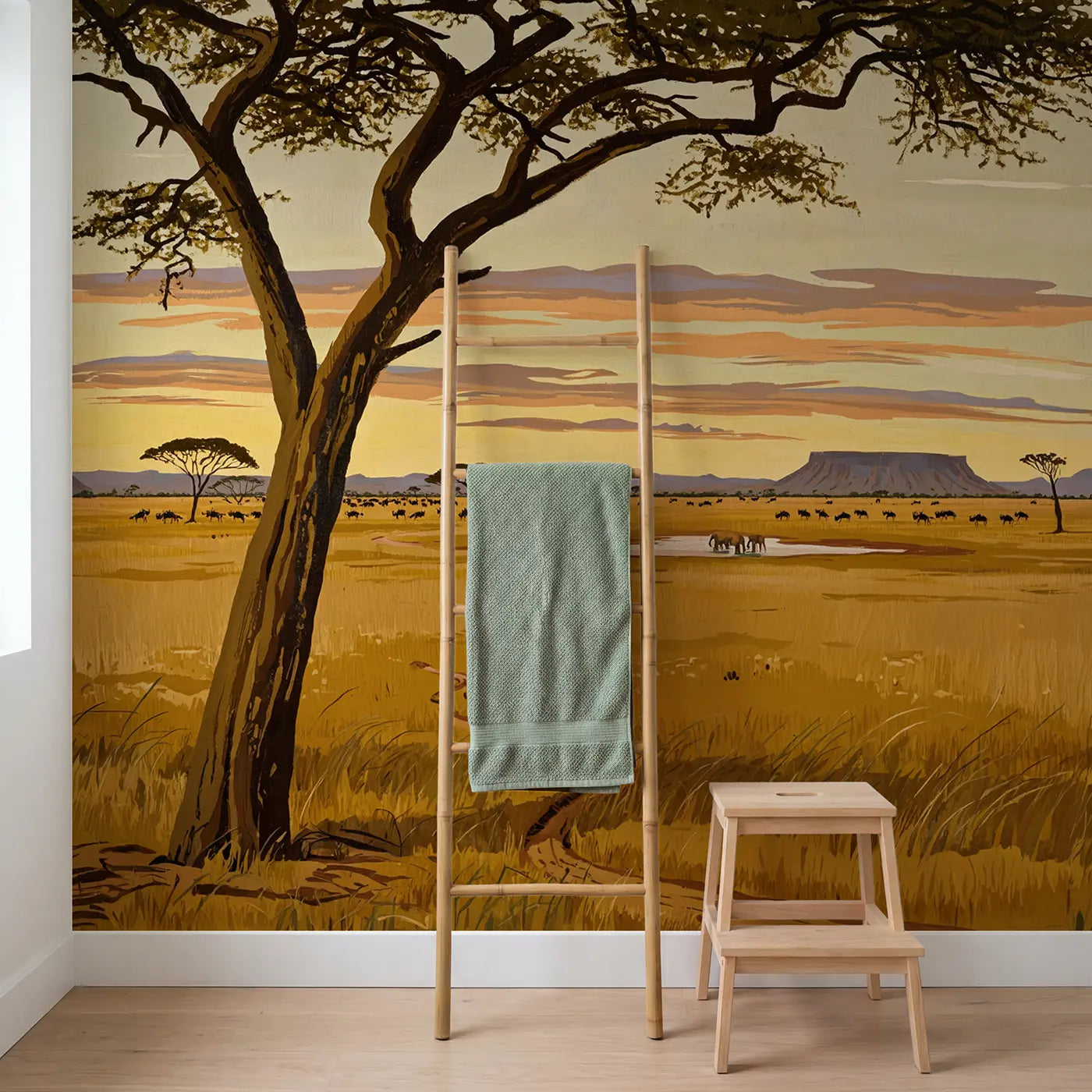 Acacia Framed Savanna Wallpaper Mural in playroom setting by Whimsy Tots