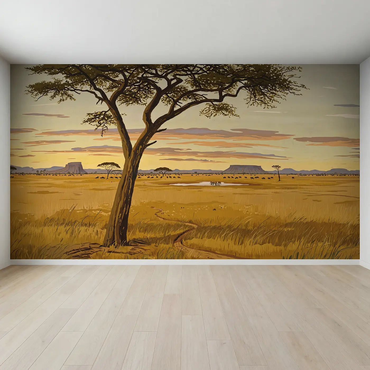 Full view of Acacia Framed Savanna Wallpaper Mural by Whimsy Tots