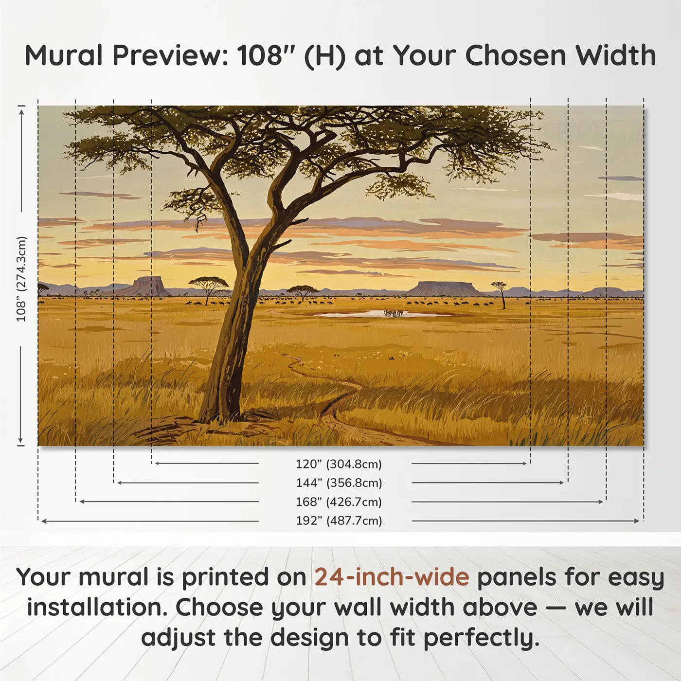 Panel layout and dimensions for Acacia Framed Savanna Wallpaper Mural by Whimsy Tots