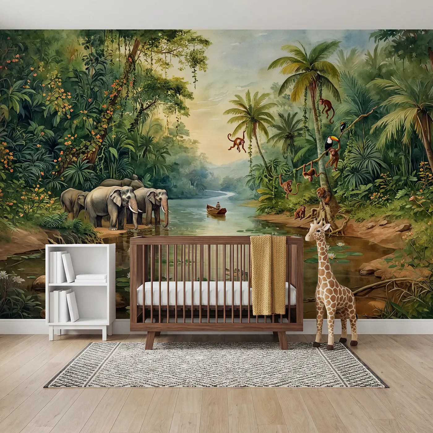Watercolor jungle river monkey toucan wallpaper mural for nursery by Whimsy Tots