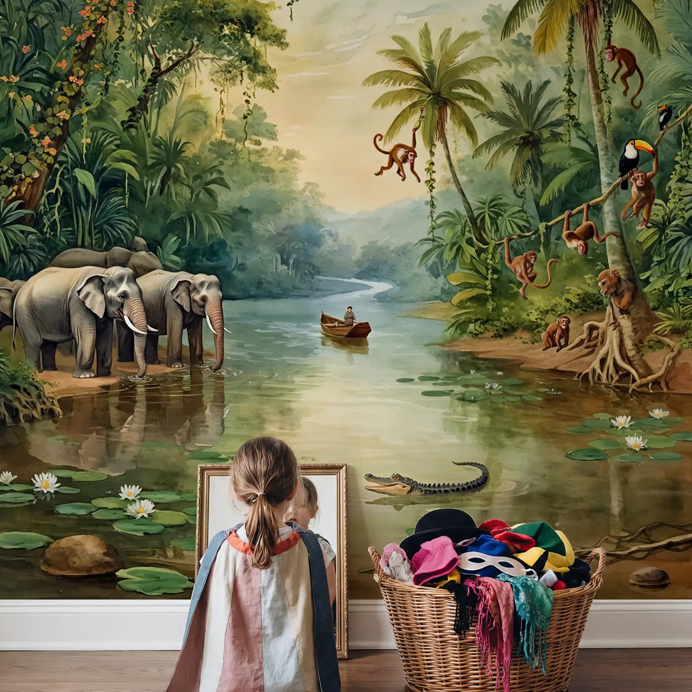 Child in nursery with Jungle River Cruise Wallpaper Mural by Whimsy Tots
