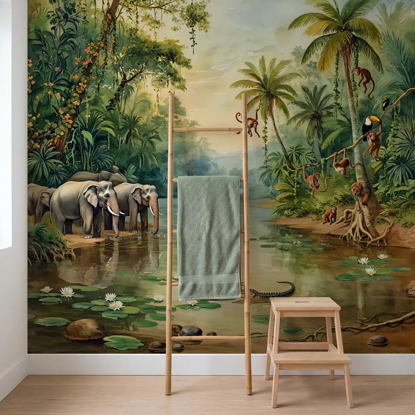 Jungle River Cruise Wallpaper Mural in playroom setting by Whimsy Tots