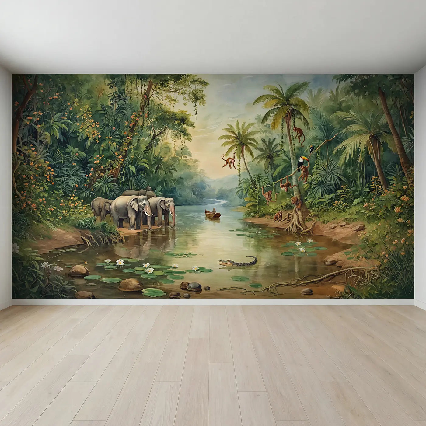 Full view of Jungle River Cruise Wallpaper Mural by Whimsy Tots