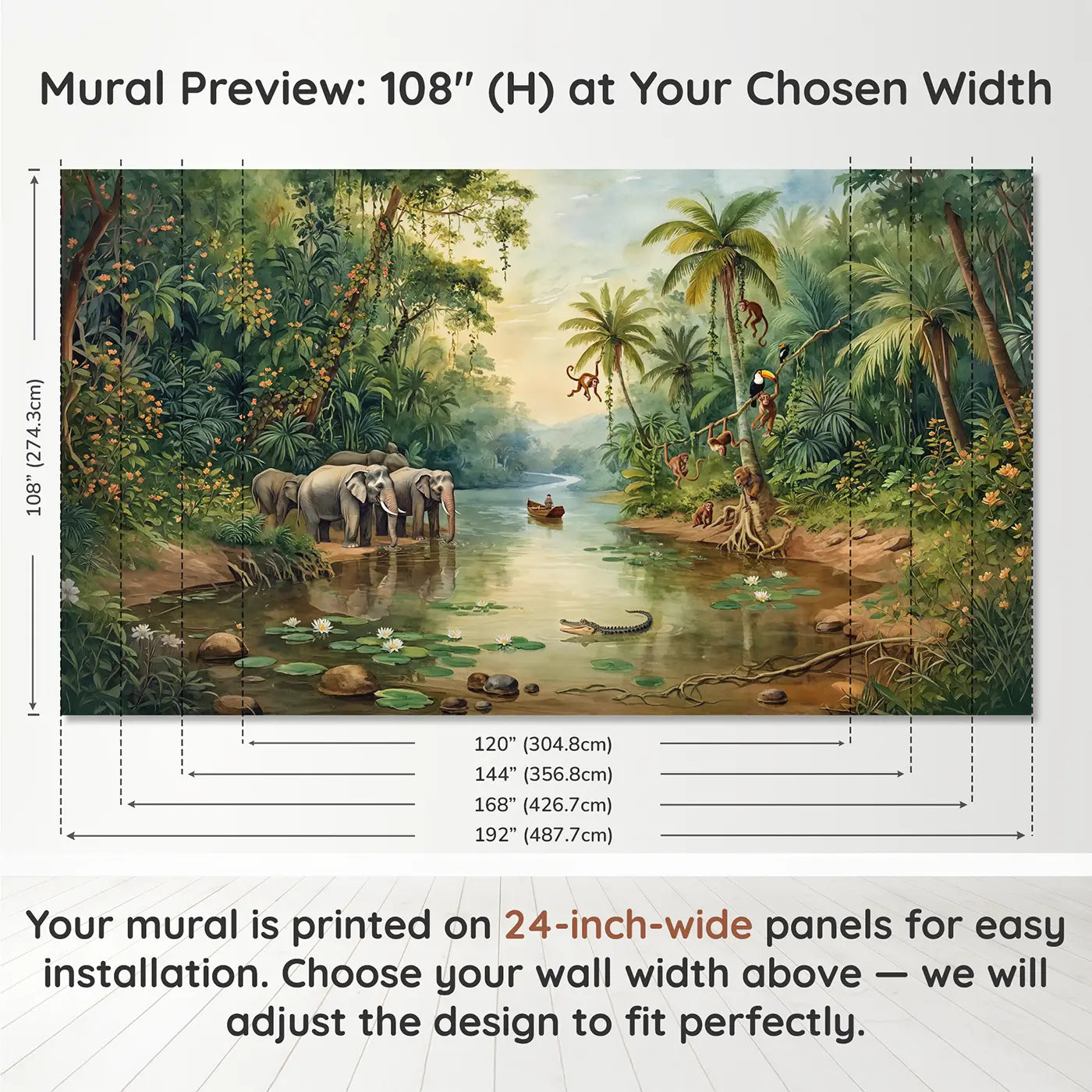 Panel layout and dimensions for Jungle River Cruise Wallpaper Mural by Whimsy Tots