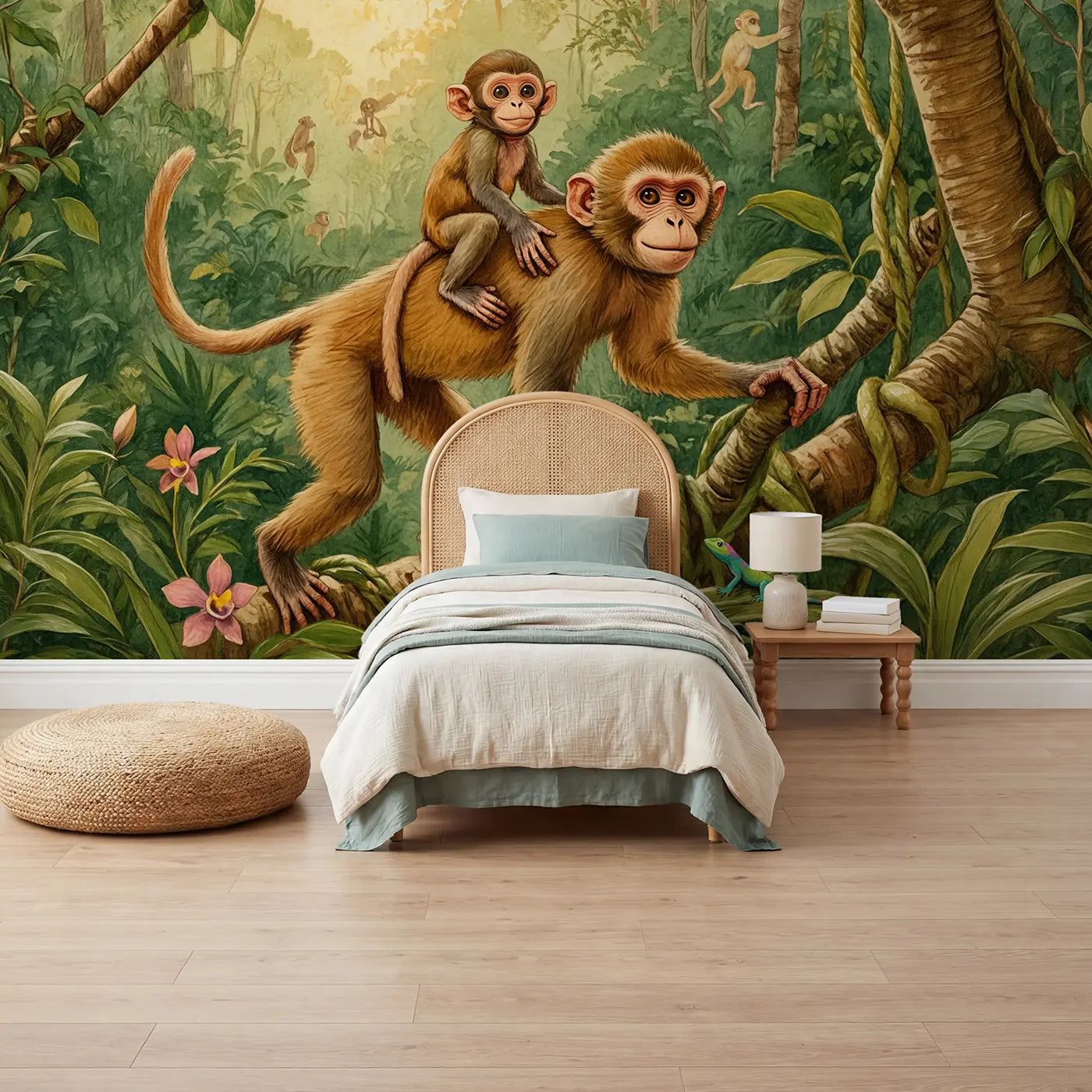 Storybook baby monkey mother canopy wallpaper mural for kids room by Whimsy Tots