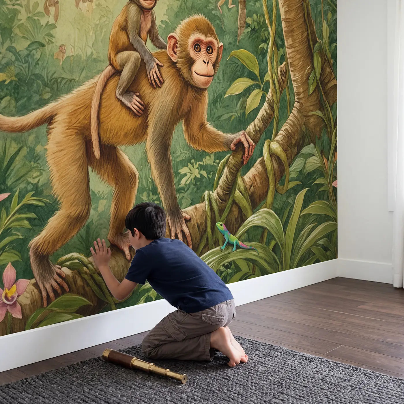 Child in nursery with Baby Monkey Mother Canopy Wallpaper Mural by Whimsy Tots