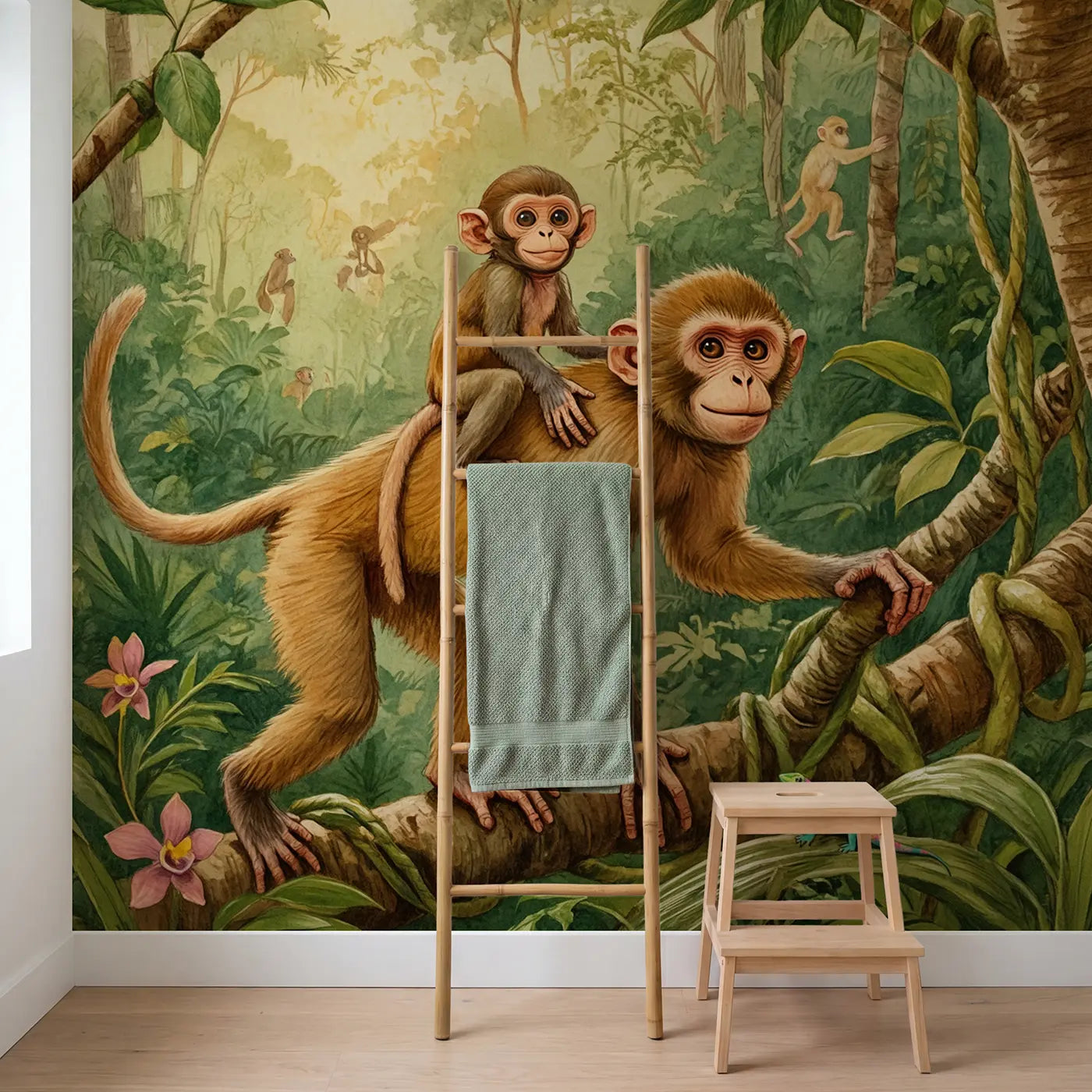 Baby Monkey Mother Canopy Wallpaper Mural in playroom setting by Whimsy Tots