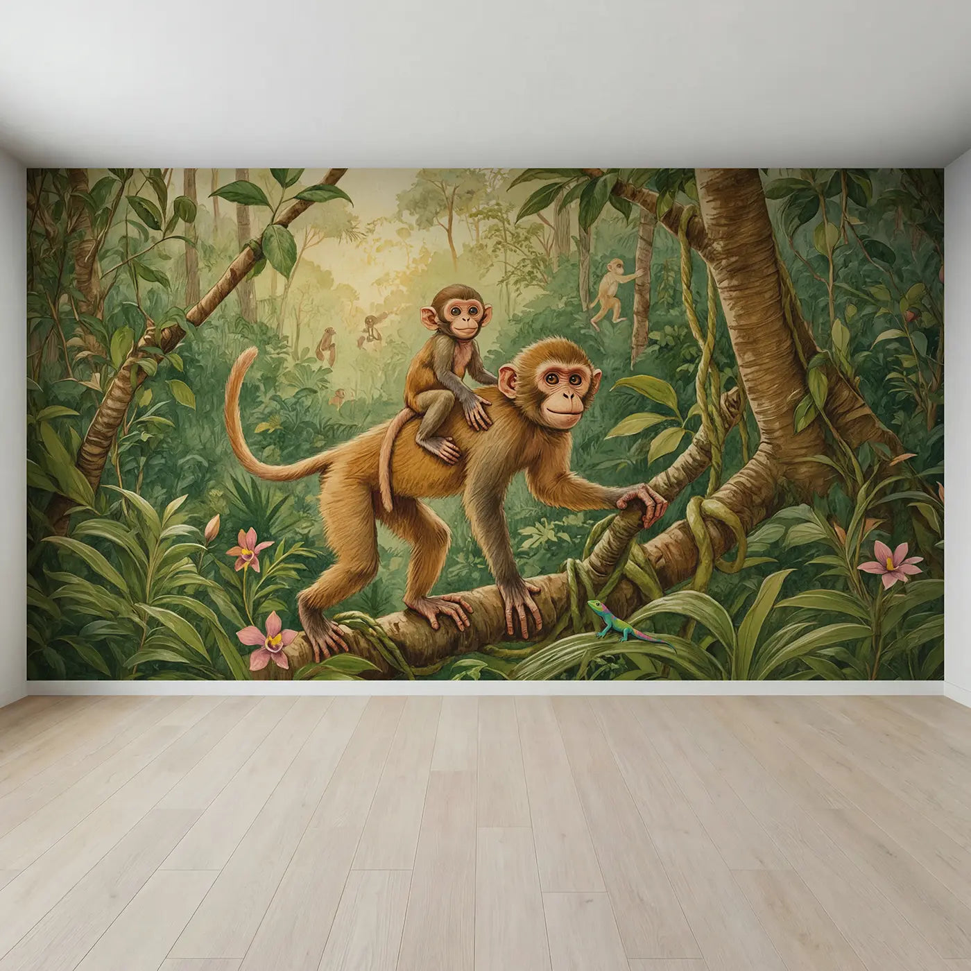 Full view of Baby Monkey Mother Canopy Wallpaper Mural by Whimsy Tots