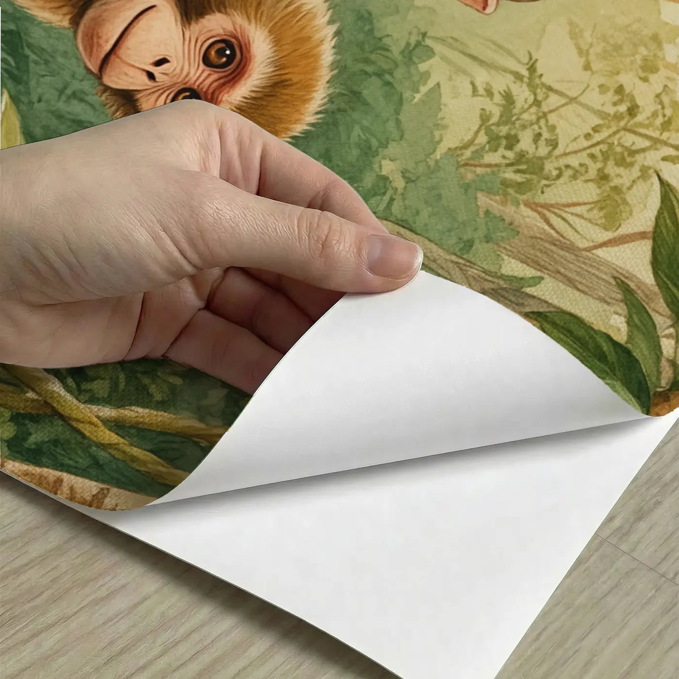 Peel-and-stick detail of Baby Monkey Mother Canopy Wallpaper Mural by Whimsy Tots