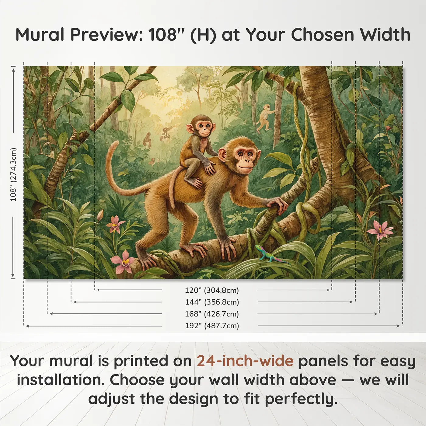 Panel layout and dimensions for Baby Monkey Mother Canopy Wallpaper Mural by Whimsy Tots