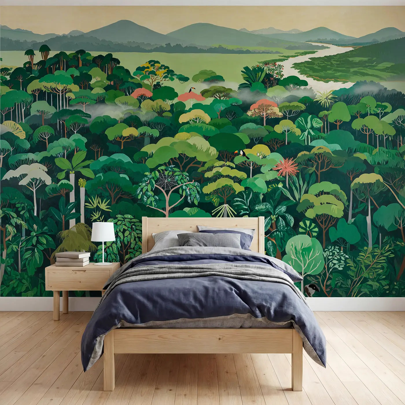 modern illustration jungle canopy aerial view treetops wallpaper mural for boys room by Whimsy Tots