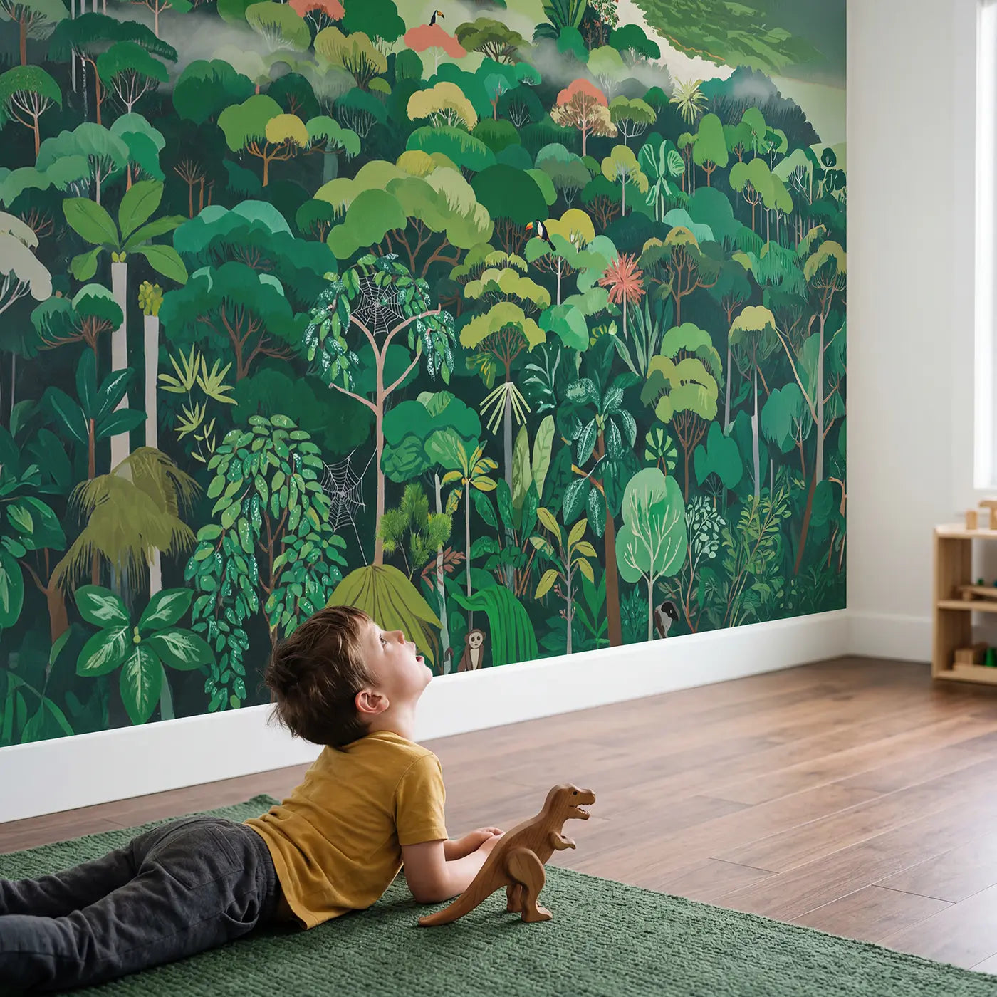 Child in nursery with Jungle Canopy From Above Wallpaper Mural by Whimsy Tots