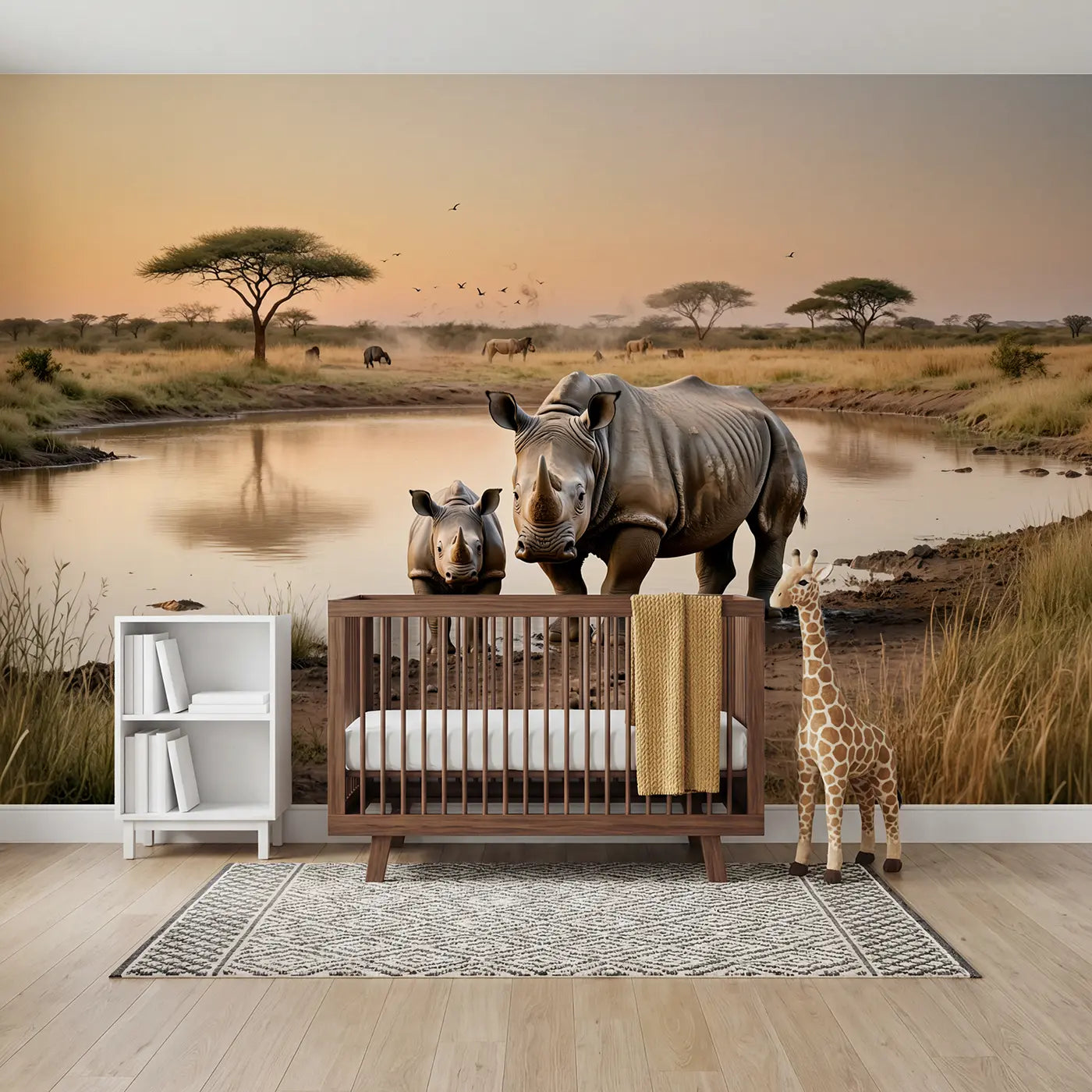 soft pastel baby rhino mud waterhole savanna wallpaper mural for nursery by Whimsy Tots