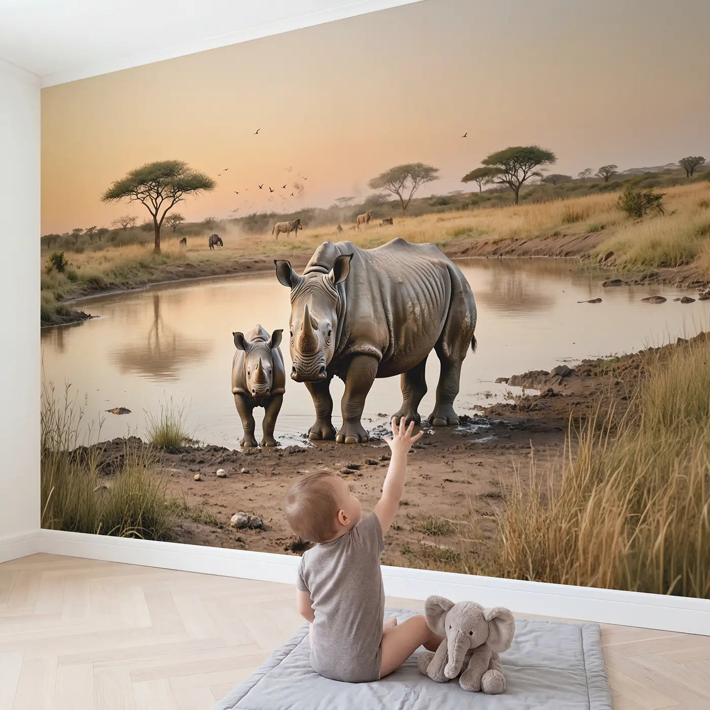 Child in nursery with Baby Rhino Mud Waterhole Wallpaper Mural by Whimsy Tots