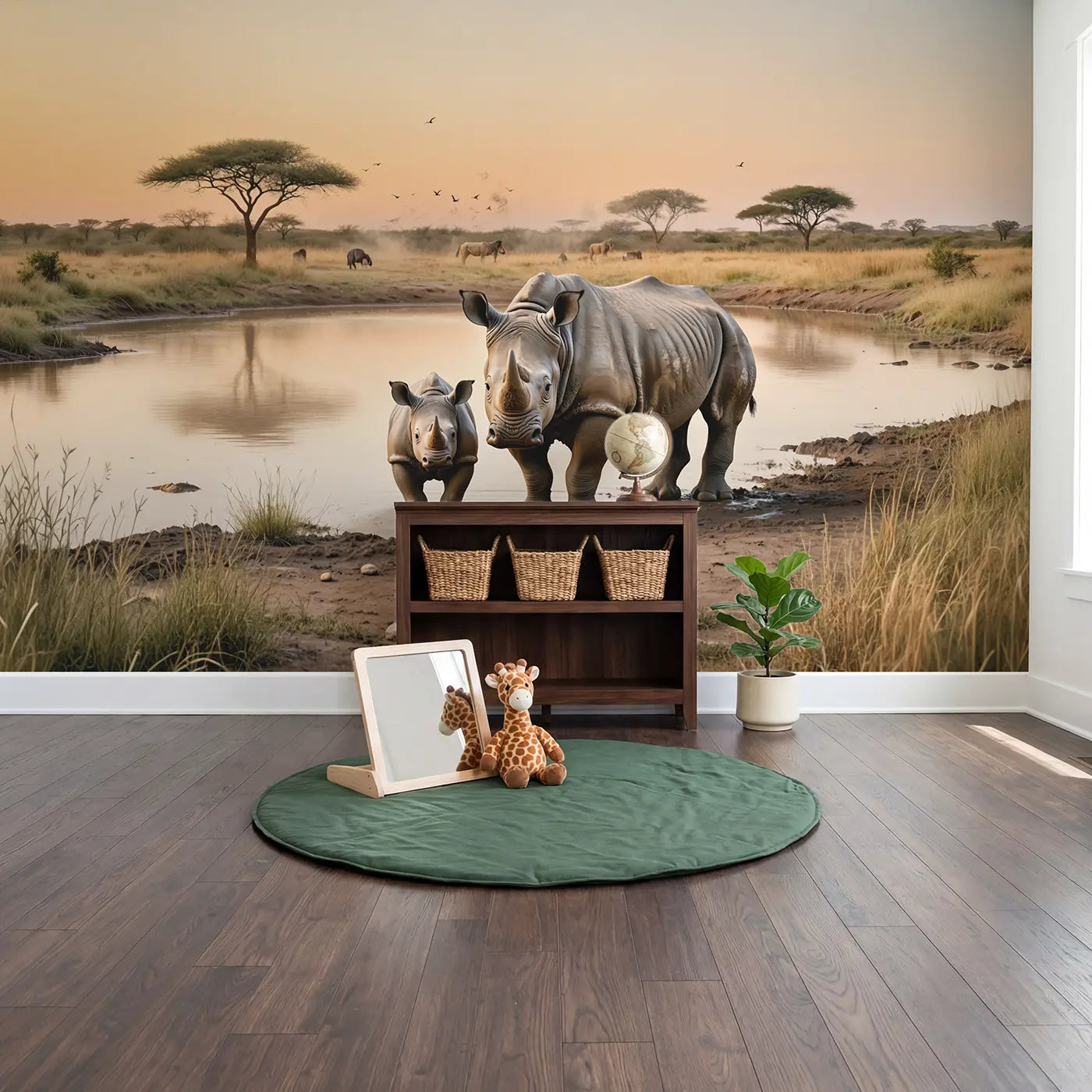 Baby Rhino Mud Waterhole Wallpaper Mural in playroom setting by Whimsy Tots