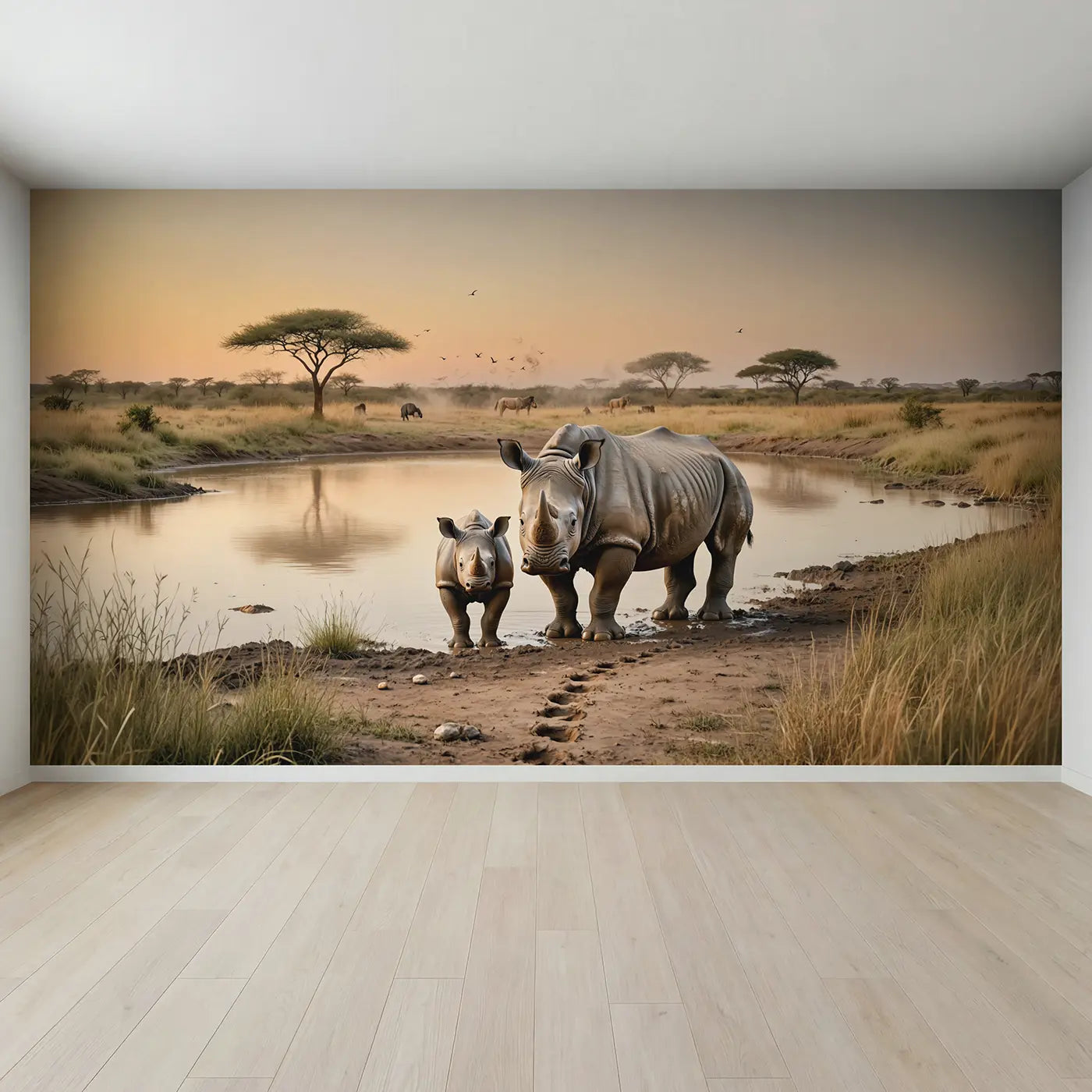 Full view of Baby Rhino Mud Waterhole Wallpaper Mural by Whimsy Tots